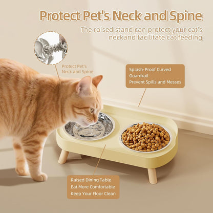 Elevated Cat Bowl, Raised Cat Food and Water Bowl Set for Indoor Cats, Splash Proof with 2 Stainless Steel Pet Food Bowls for Cats and Puppies, Whisker Fatigue and Dishwasher Safe - White