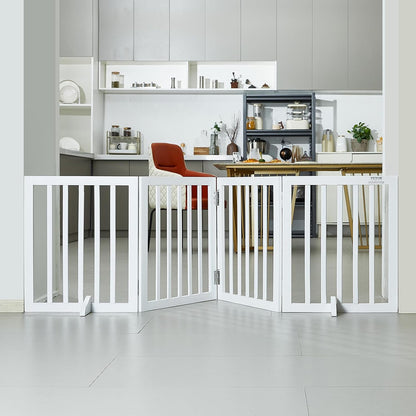 VEVOR Freestanding Pet Gate, Wooden 24" H x 80" W, 4-Panel Foldable Gate for Wide & Narrow Passageways, Expandable Dog Barrier with Silent Foot Support, White