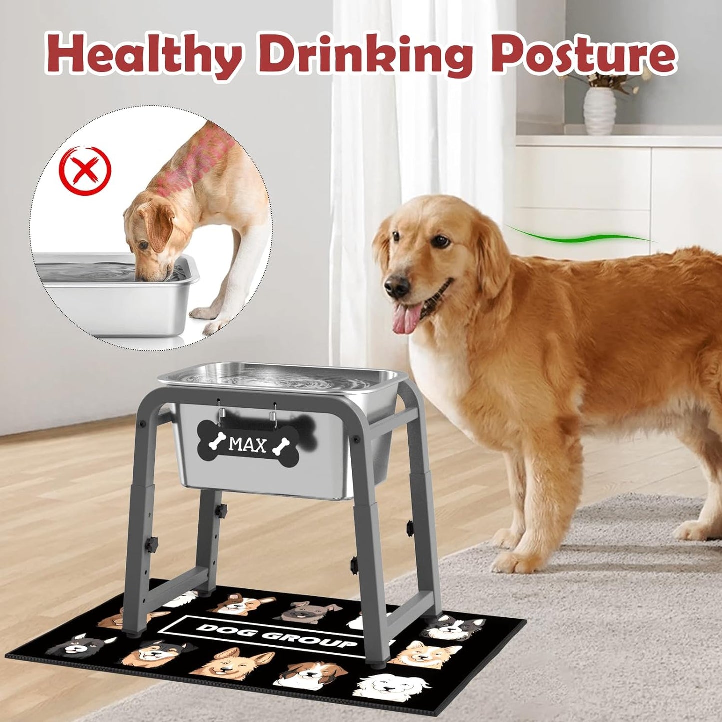 1.2 Gallon Elevated Dog Water Bowl, Height Adjustable (11–17'') Raised Stainless Steel Bowl with Spill-Proof Mat & Sturdy Metal Stand, Tip-Proof, Easy to Clean, Indoor & Outdoor Use