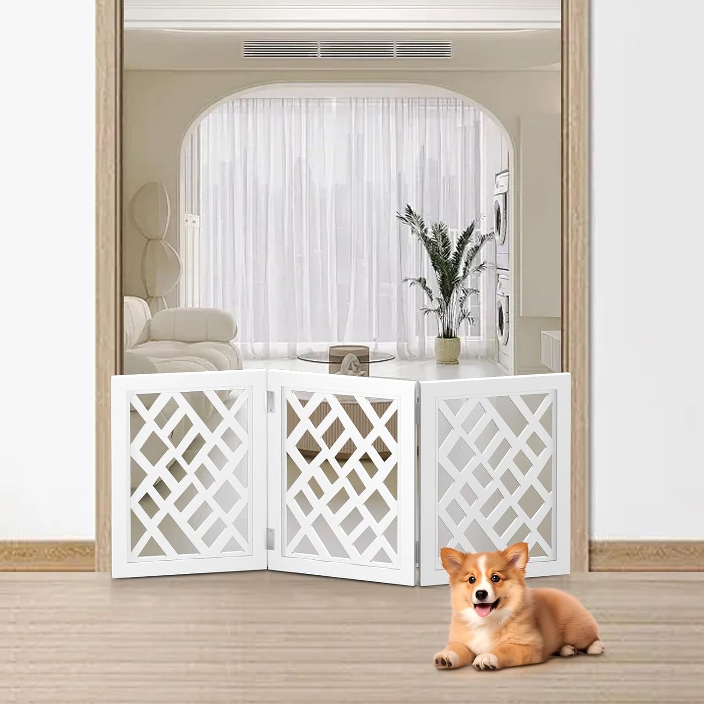 Cut-Out Design 16" Short Dog Gate for Small Dogs, Foldable Retractable Puppy Gate Indoor - Freestanding Lightweight Pet Barrier for Doorways, Stairs, Hallways (Extends to 41", White)