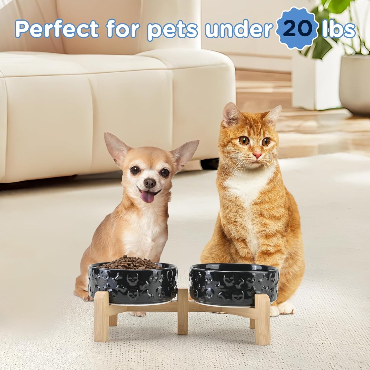 SPUNKYJUNKY Elevated Dog Bowls Ceramic, 6.1'' Dogs and Cat Food Water Bowls Raised with Non-Slip Bamboo Stand for Medium Sized Breed Microwave Dishwasher Safe - 28.7 OZ,Beige