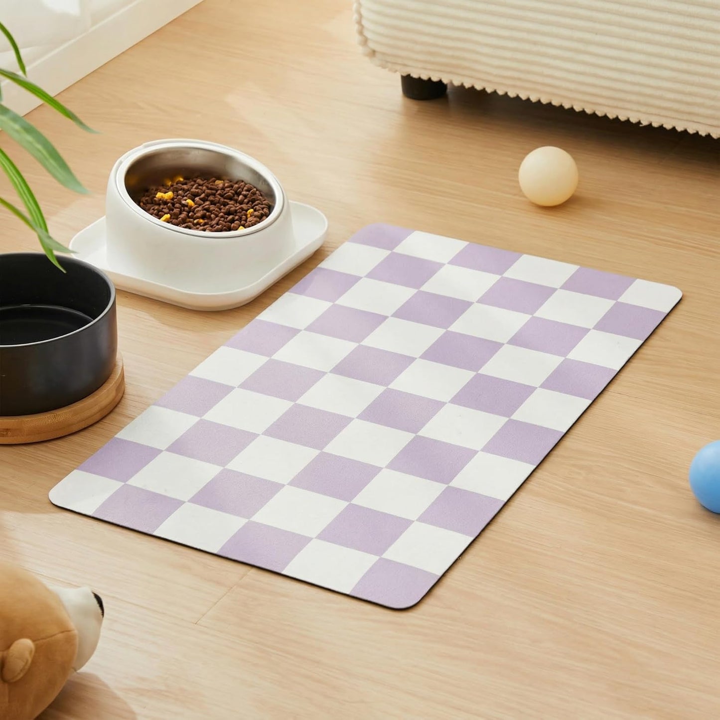 Checkered Dog Feeding Mat, Absorbent Mats for Dog Food and Water Bowl, Dispenser, Retro Aesthetic Khaki Beige Checkerboard Pet Placemat for Dogs, Cats, Puppy Accessories, 12" X 19”