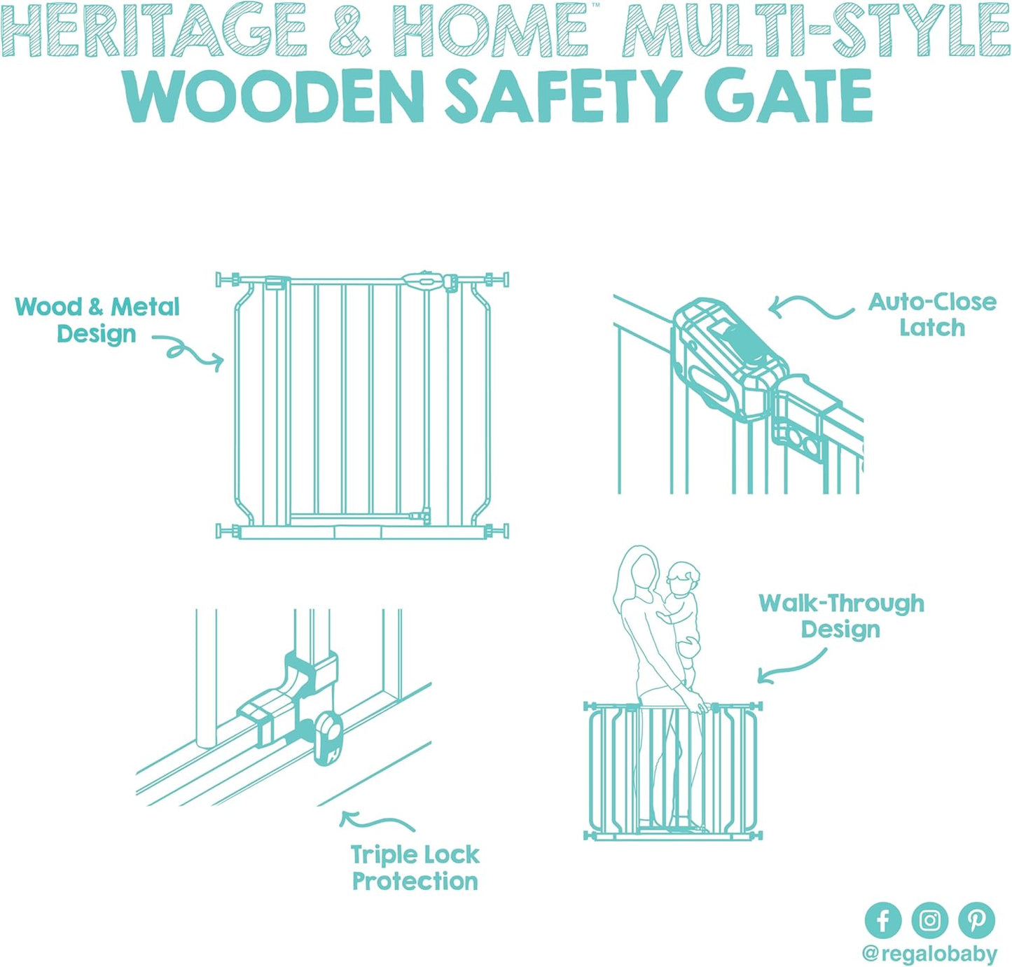 Regalo Safety 30.5-58" Extra Wide Arch Baby Gate with Door, Pressure Mount Walk Through Gate for Doorways & Bottom of Stairs, Babies, Toddlers & Pets, Tested & Safe, American Designed, American Owned