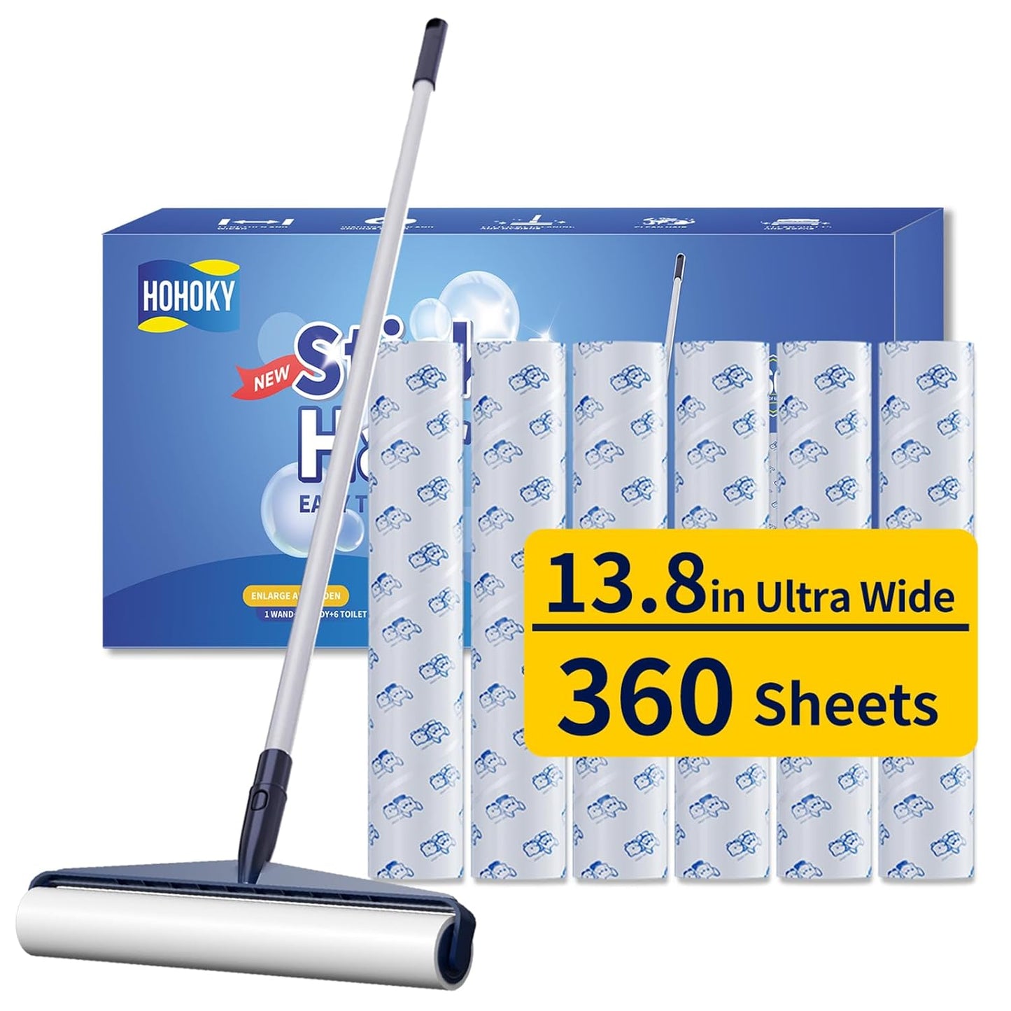 13.8in Large Size Floor Lint Rollers for Pet Hair Extra Sticky 51.2in Long Handle Giant Big Hair Picker Upper from Sticky Mop for Cleaning Dog Cat Hair Animal Fur Removal Roller Couch Bed Sheet Carpet