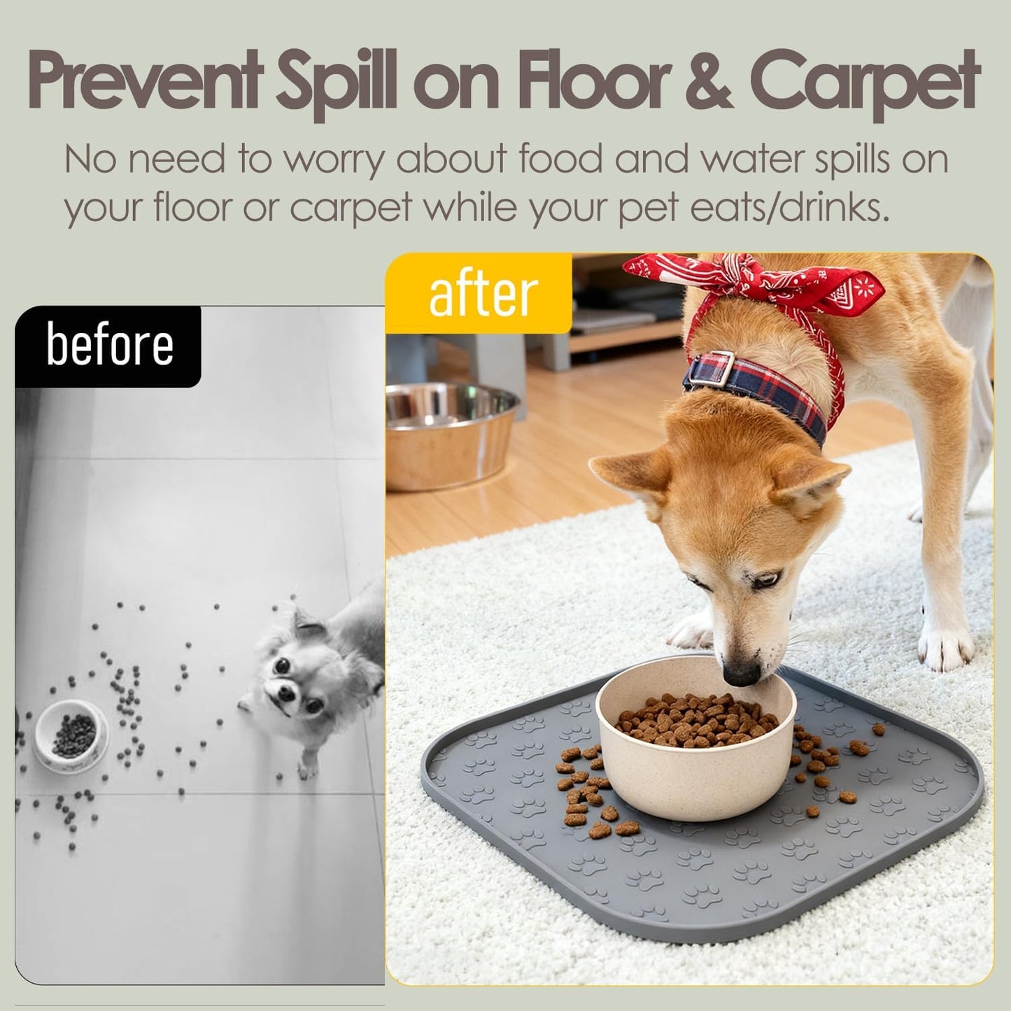 Pet Feeding Mat, Waterproof Anti-Slip Placemats for Dog Cat Bowl Silicone Pet Food Mat, Raised Edge Prevent Spills on Floor & Carpet, Dishwasher Safe (Beige, 11" x 11")