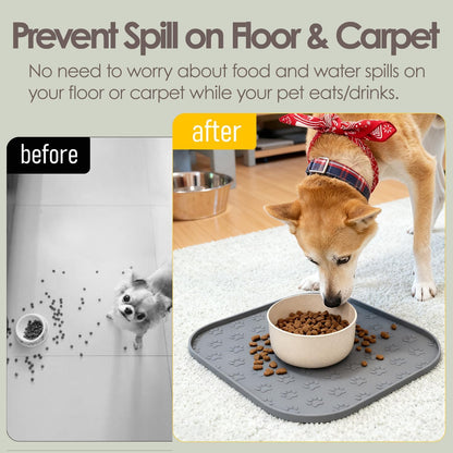 Pet Feeding Mat, Waterproof Anti-Slip Placemats for Dog Cat Bowl Silicone Pet Food Mat, Raised Edge Prevent Spills on Floor & Carpet, Dishwasher Safe (Beige, 11" x 11")