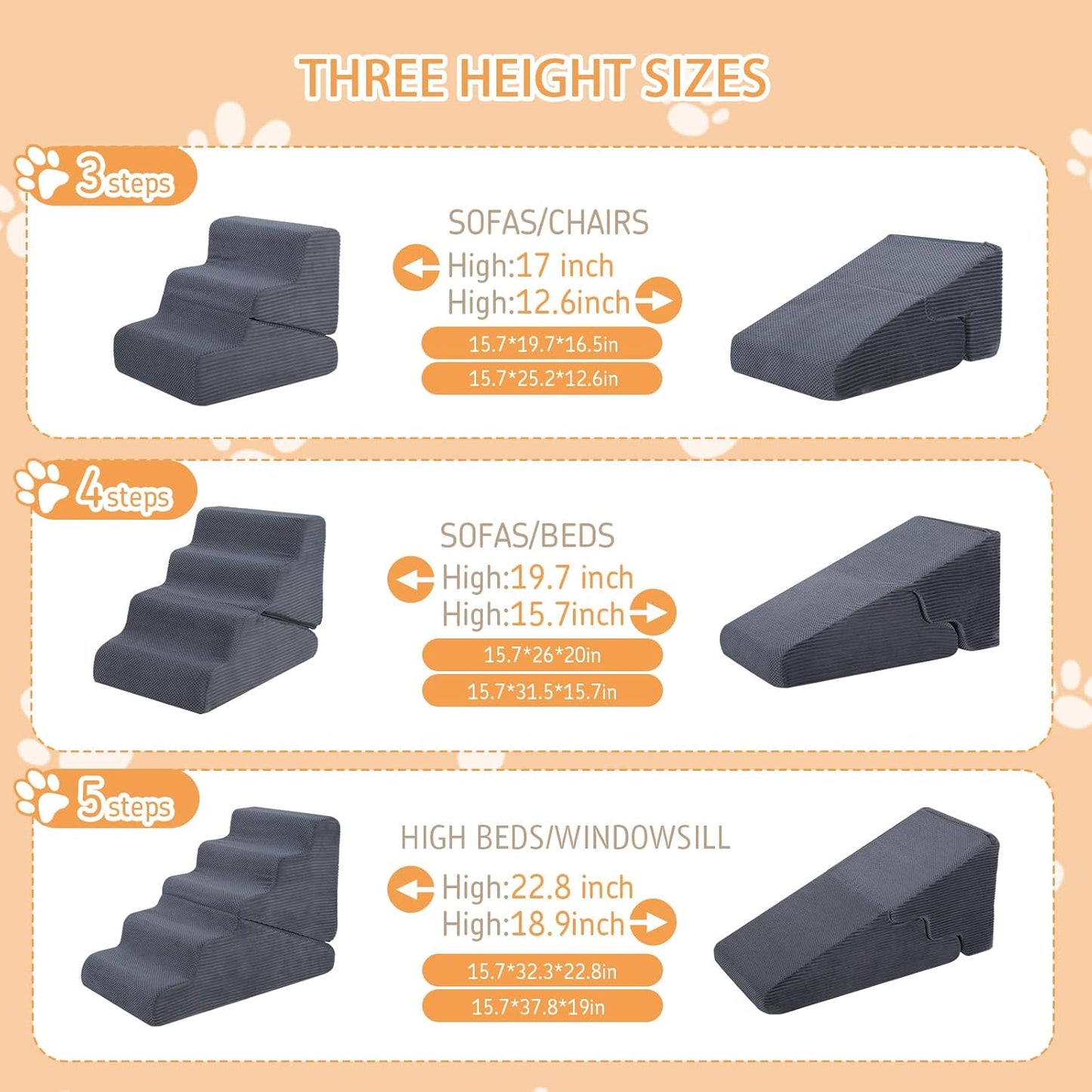 Dog Ramp for Bed, 23" H Dog Stairs for High Bed, 2 in 1 Pet Steps for Small Dogs, 5-Step Foldable Transformable Large Cats Ramp to Get on Couch, Non-Slip Balanced, Grey