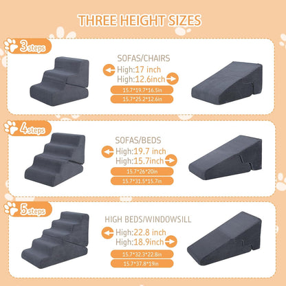 Dog Ramp for Bed, 23" H Dog Stairs for High Bed, 2 in 1 Pet Steps for Small Dogs, 5-Step Foldable Transformable Large Cats Ramp to Get on Couch, Non-Slip Balanced, Grey
