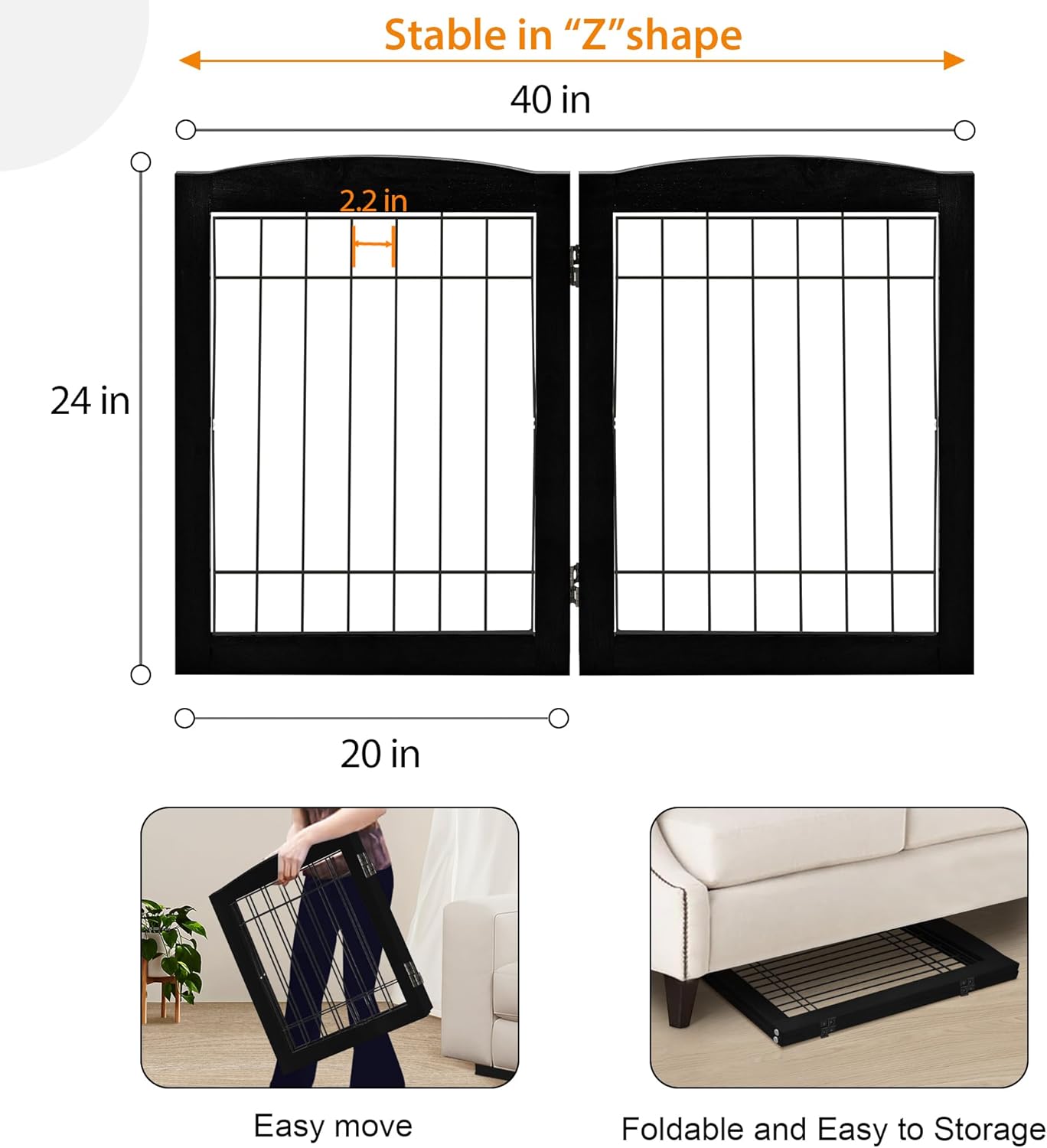 LZRS 2-Panel Freestanding Foldable Wood Dog Gate – Solid Wood & Steel Wire, Chew-Resistant Pet Barrier for Indoor Use, Ideal for Small to Medium Dogs, White