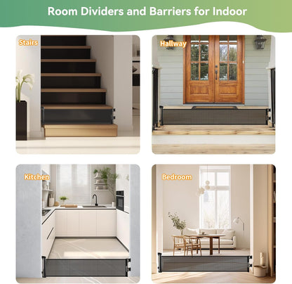 Short Dog Gate, 14" H Retractable Dog Gates, Mesh Retractable Step Over Pet Gates Puppy Gate, Extended up to 55" Wide for Stairs & Doorways Hallways - Drilling Required (Grey)