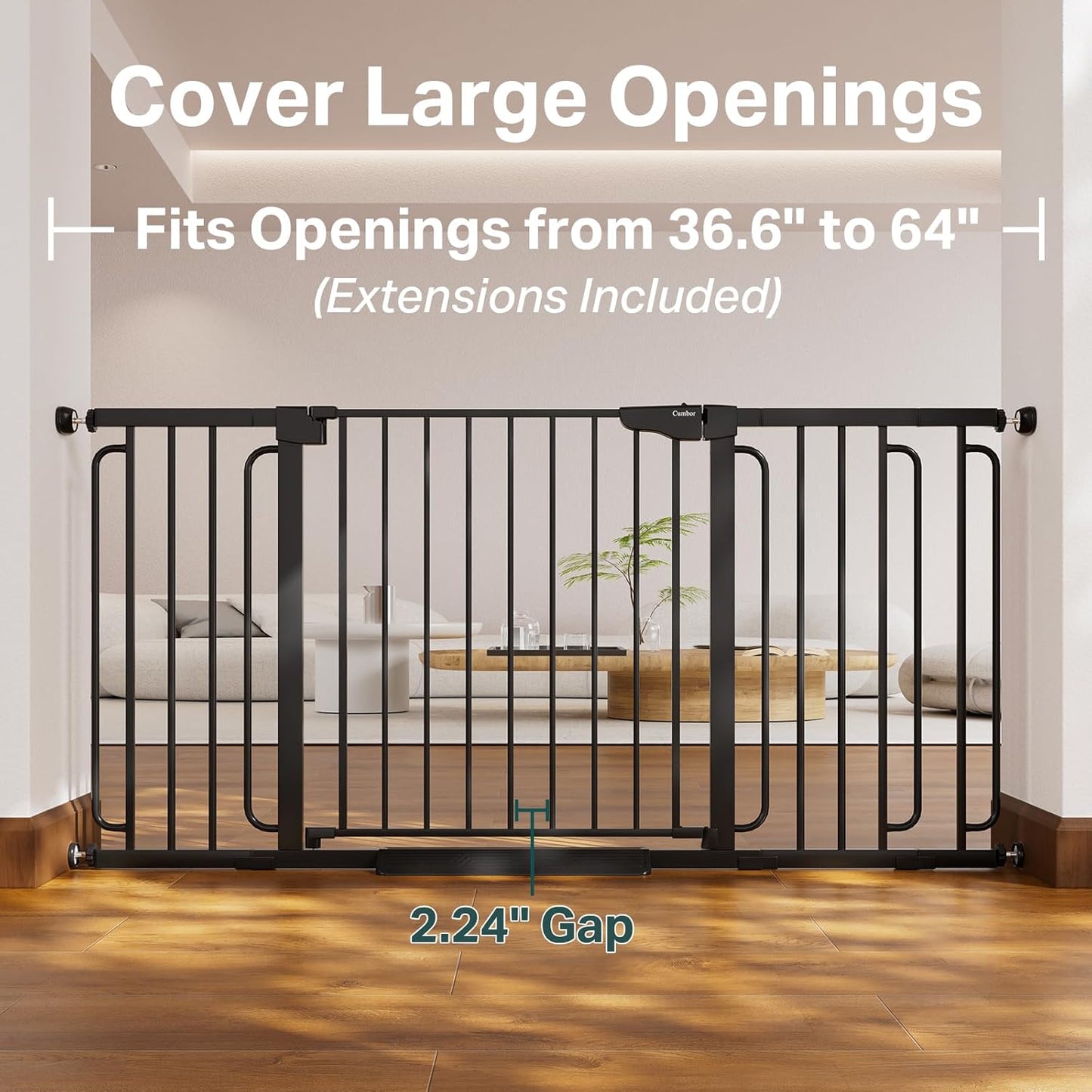 Cumbor 36.6-64" Extra Wide Baby Gate for Stairs, Dog Gates for Doorways, Auto-Close Pet Gate Indoor, Pressure Mounted Walk Through Safety Child Gate for Kids Toddler, Tall Pet Puppy Fence Gate, Brown