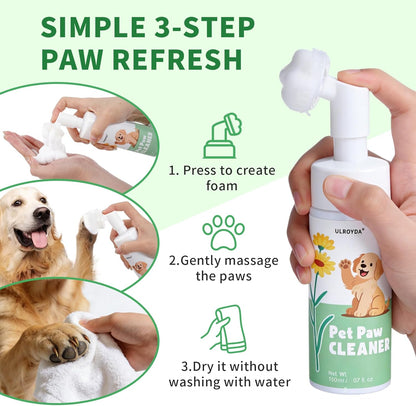 Dog Paw Cleaner No-Rinse Foam, 5-in-1 Paw Washer with Soft Silicone Brush - Removes Mud Dirt & Odor, Moisturizes & Soothes Dry Cracked Paws, pH-Balanced Hypoallergenic for Dogs & Cats, 5.07oz