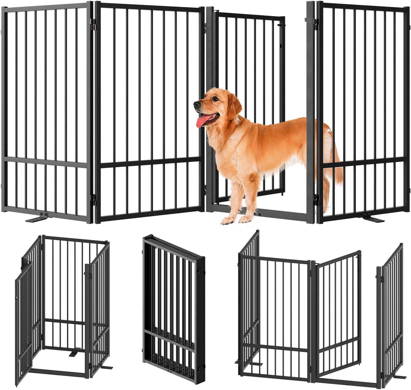 SNUOWU Full Metal Freestanding Dog Gate with Door, 32''Height Foldable Pet Dog Fence for Indoor & Outdoor, 4 Panels Extra Wide Free Standing TallDog Gates for Doorways,House,Stairs,Porch,Deck,Yard