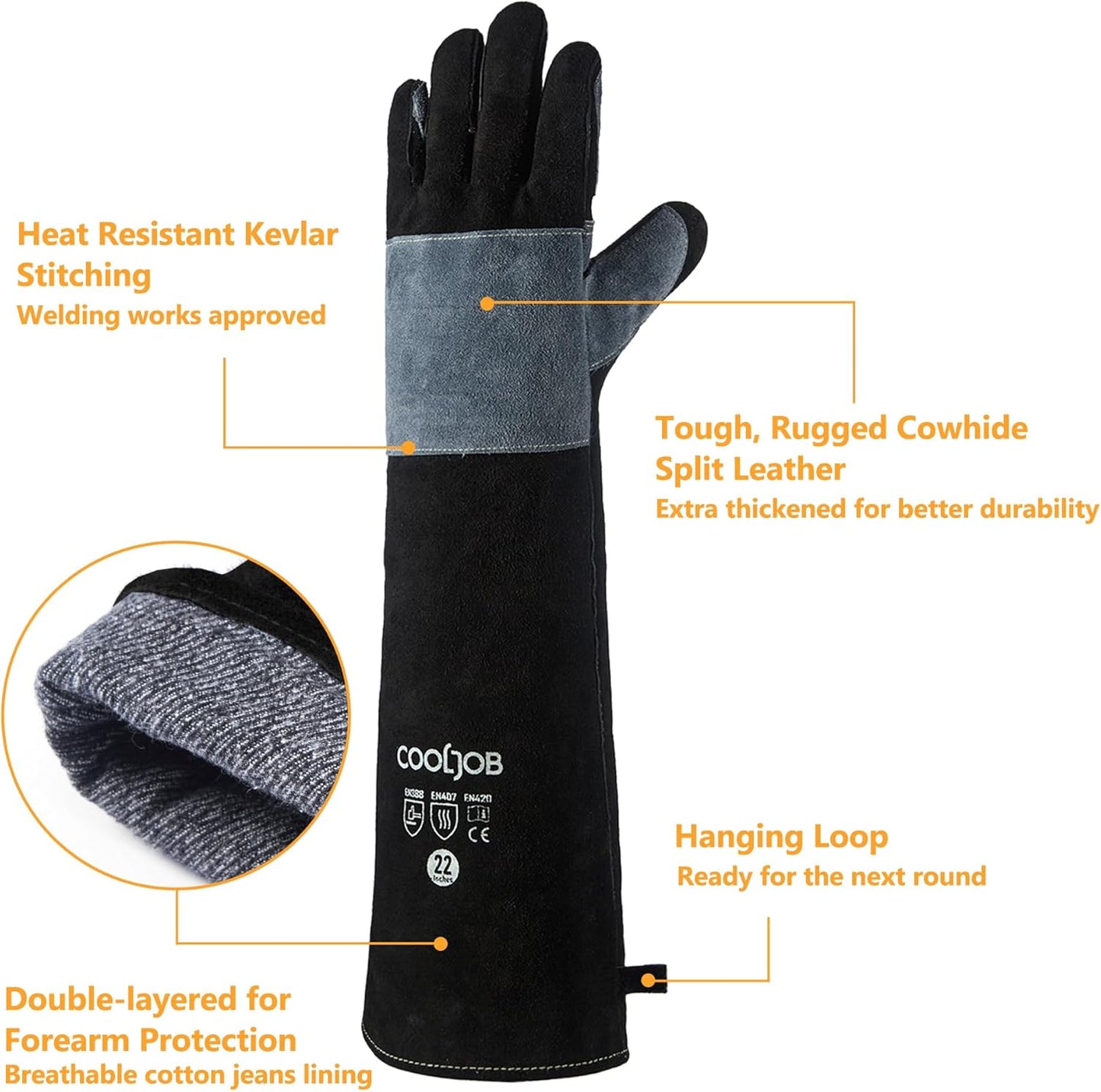 COOLJOB Bite Proof Animal Handling Gloves, Cowhide Leather with Kevlar Stitching for Cat Grooming, Dog Training, 16/22”