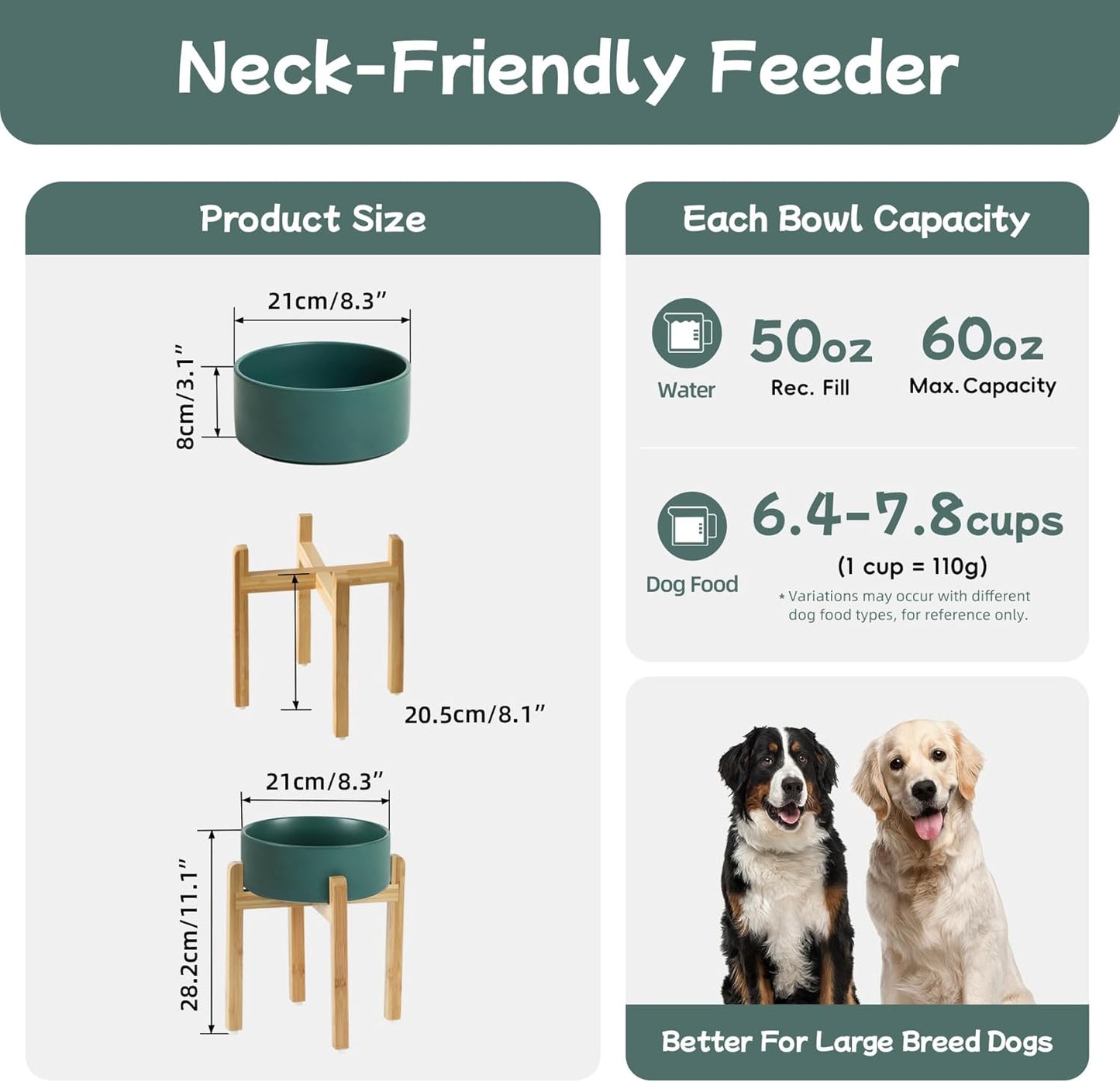 Havniva 8.3” Dog Bowls Elevated Ceramic Dog Food and Water Bowl, Raised Dog Water Bowl with Stand Non-Slip Rubber Base Large Capacity Feeding Pet Food Bowl for Large Dogs