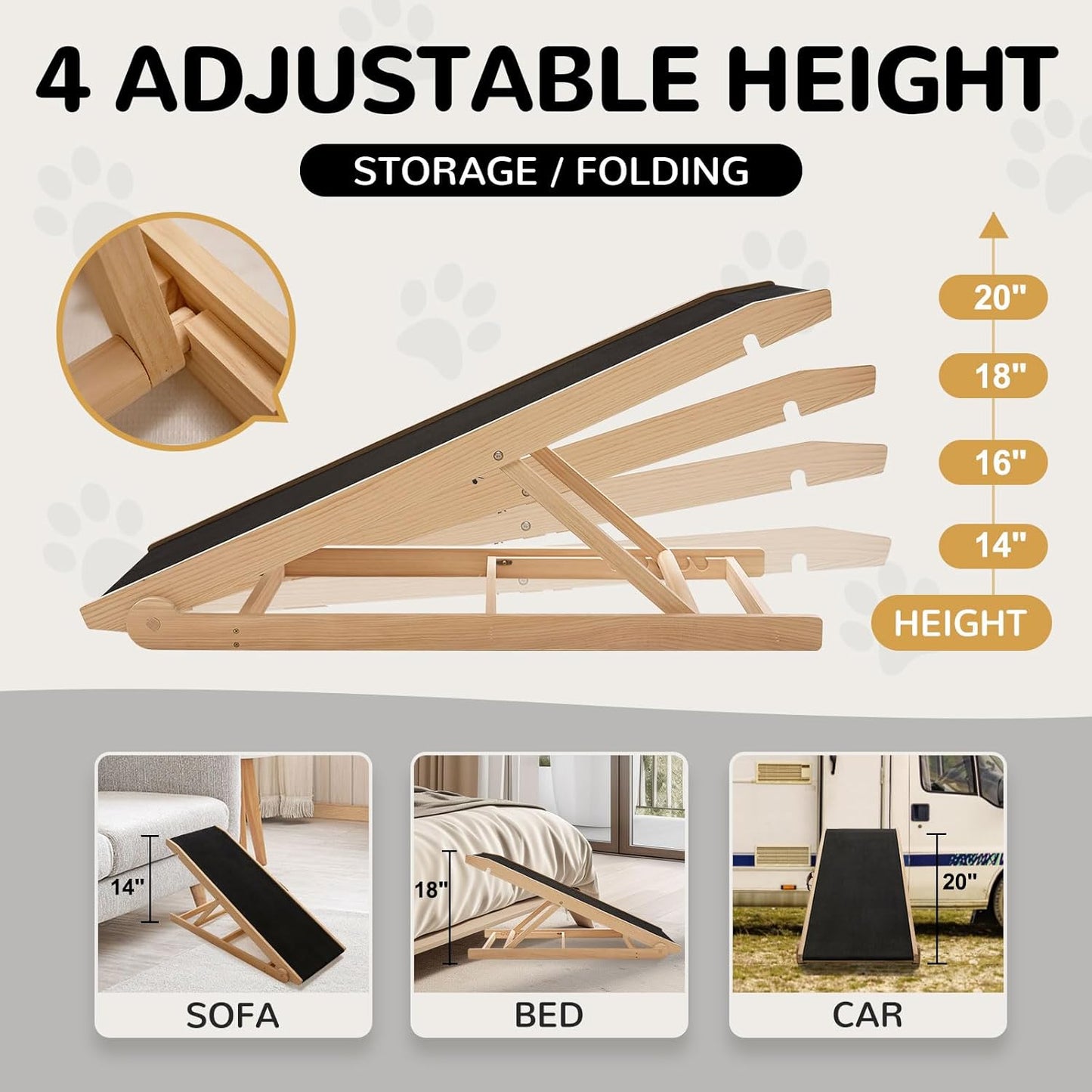 ABORON Antislip Dog Ramp, Adjustable Folding Pet Ramp for Small & Large Old Dogs & Cats, High Traction Portable Rubber Paw Ramps, Supports up to 200 lbs, Used for Bed Couch SUV, 39.3'' Long