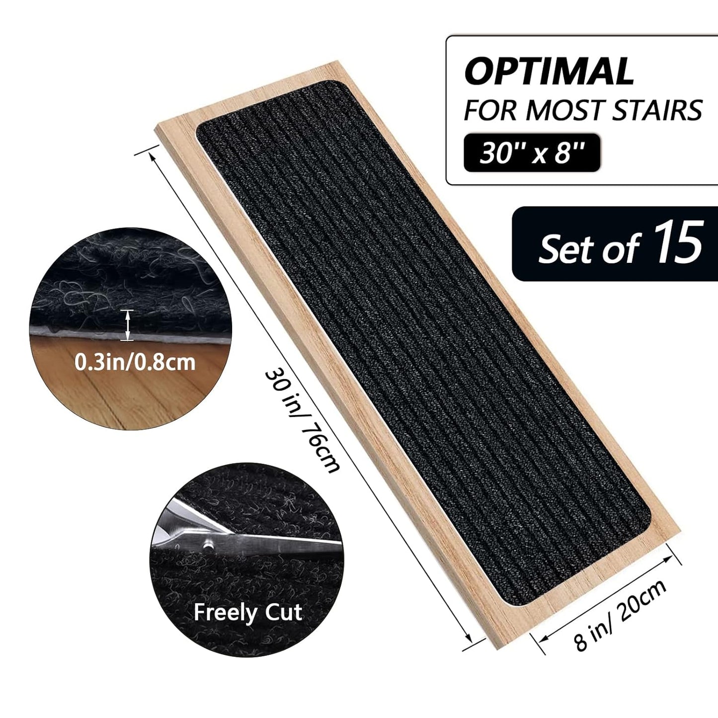 Stair Treads for Wooden Steps Carpet, Non-Slip Stair Runner Indoor Outdoor Stair Tread Mats Covers Pads, 19" x 31"Matching Landing Step Runner for Elders, Kids and Dogs (19" x 31", Black)