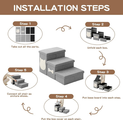 Wider Dog Steps for Bed 17" H, Foldable Dog Stairs with Storage, Non-Slip Pet Steps for Small Medium Large Dogs, Arthritis-Friendly Pet Stairs for Couch and Car Up to 200 lbs, Grey, 3 Steps