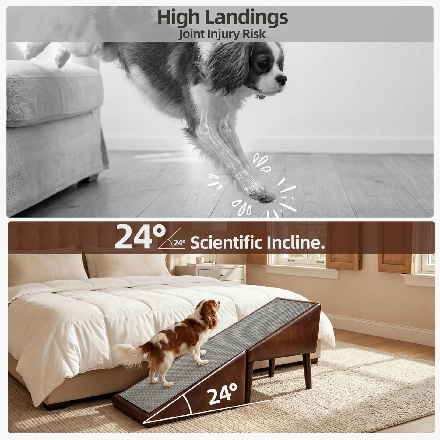 Dog Ramp for Bed, Wooden 23.62'' H Dog Stairs for Small/Medium-Sized Dogs and All Cats, Washable Non-Slip Silicone Surface pet Ramp, Foldable 2-in-1 Split Ottoman Design