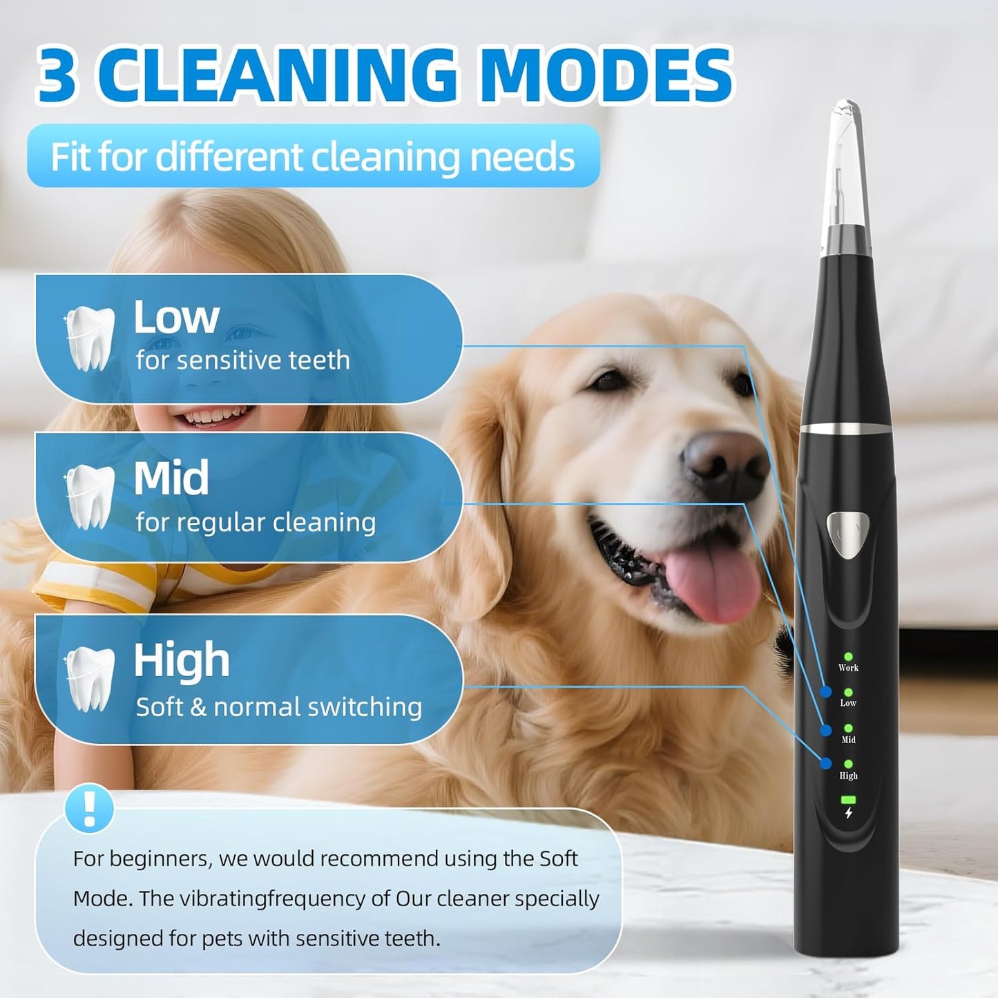 Plaque Remover for Teeth, Pet Ultrasonic Cleaner, Dog Plaque and Tartar Remover with LED Light, Dog Teeth Cleaning Dental Care Kit for Tartar and Stains, Suitable for Dogs and Cats (Black)
