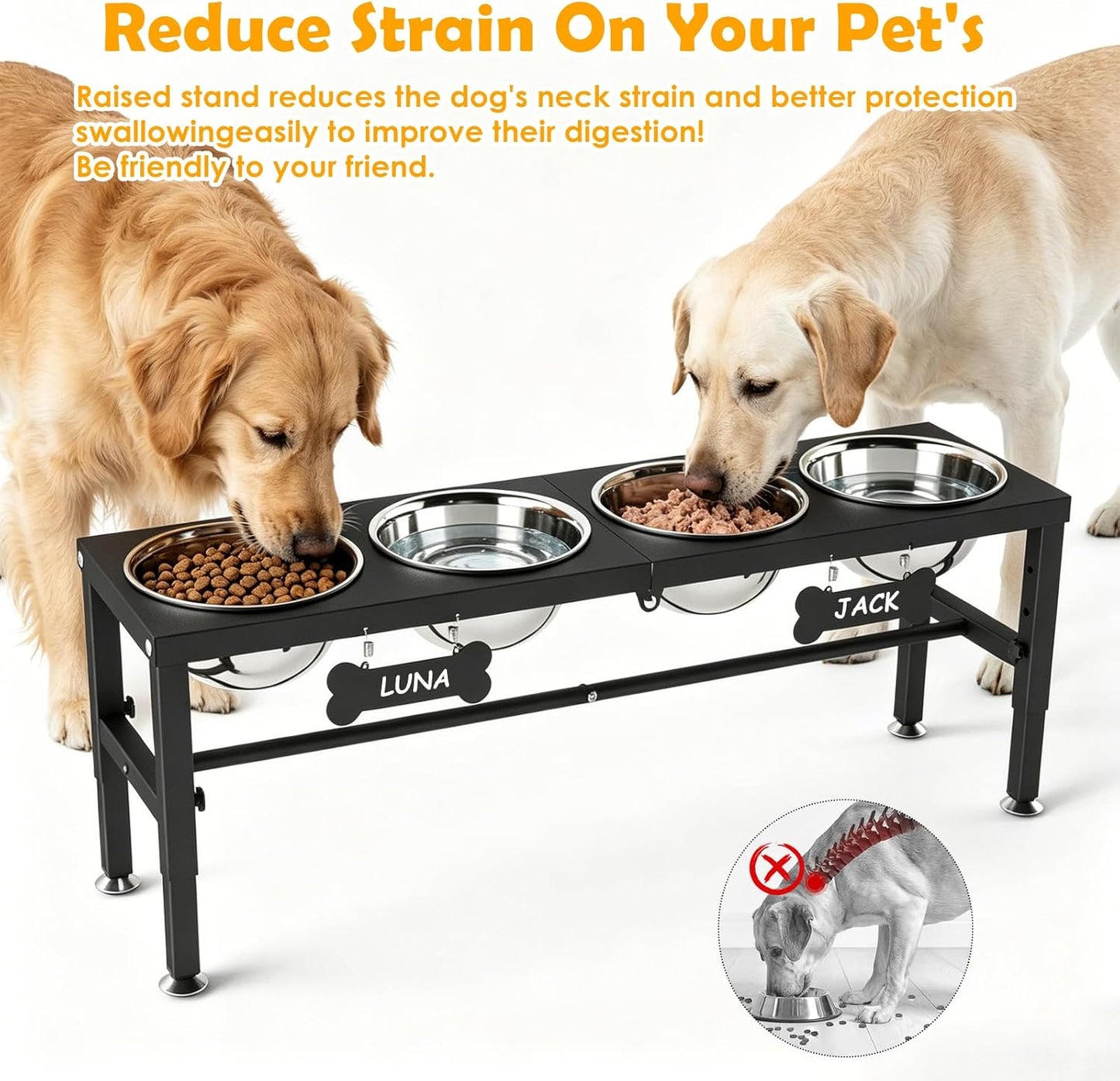 ADENGL Metal Raised Dog Bowl, 10" Tall Elevate Dog Feeder Stand with 2 Stainless Steel 42oz Bowls & 16x24 Non-Slip Mat – Stronger Dogs Food & Water Bowl Stand (Black)