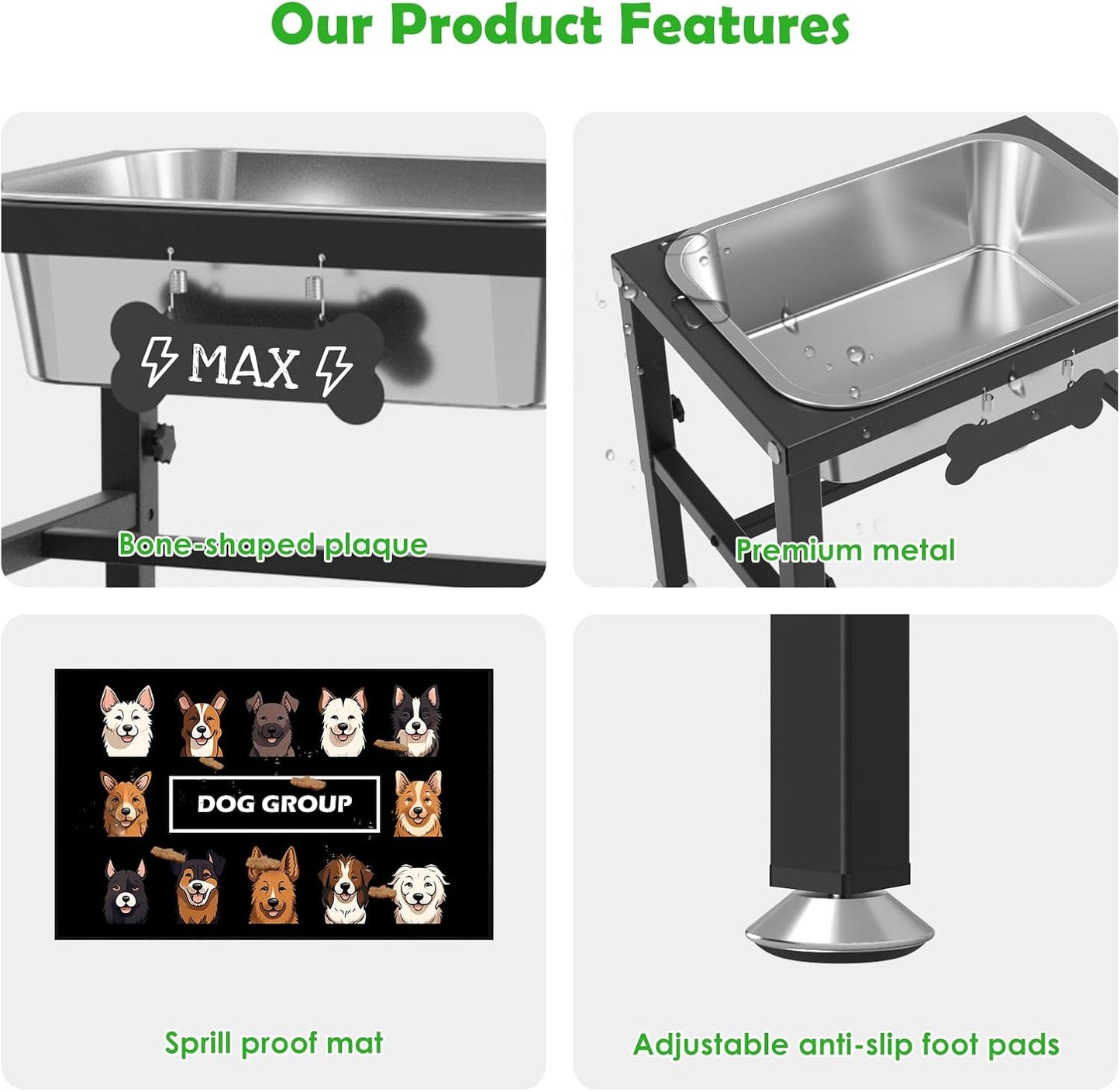 ADENGL 1.6 Gallon Elevated Dog Water Bowl for Large Dogs, 4-Height Adjustable (13–18'') Raised Stainless Steel Bowl with Spill-Proof Mat & Sturdy Metal Stand, Easy-Clean Feeder for Indoor/Outdoor Use