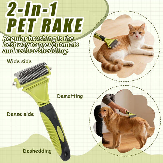 2-in-1 Pet Grooming Brush & Undercoat Rake, Double Sided Dematting Comb for Dogs Cats, Shedding & Slicker Grooming Tool (Green)