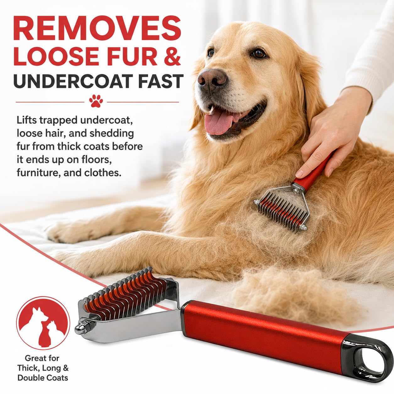 Warren London Undercoat Rake Brush for Dogs and Cats - Premium Deshedding Tool for Long Haired Pets - Skin Friendly Dematting Comb for Professional Grooming Results at Home