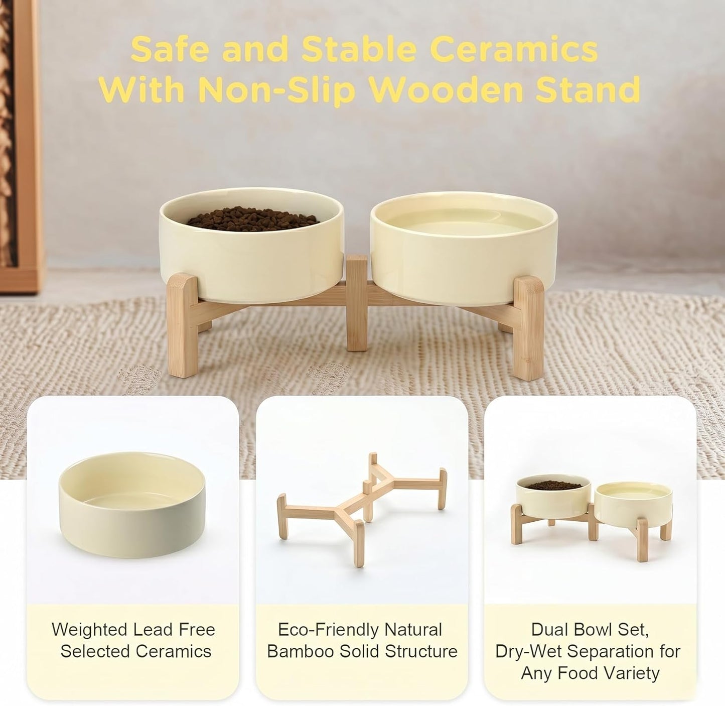 SPUNKYJUNKY Elevated Dog Bowls Ceramic, 6.1'' Dogs and Cat Food Water Bowls Raised with Non-Slip Bamboo Stand for Medium Sized Breed Microwave Dishwasher Safe - 28.7 OZ,Beige