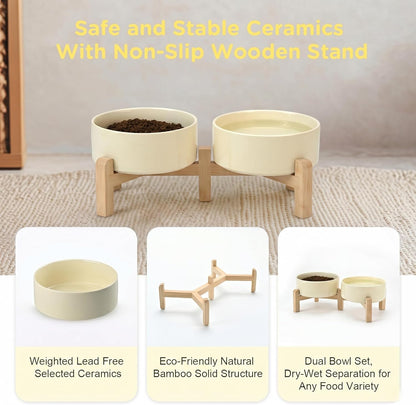 SPUNKYJUNKY Elevated Dog Bowls Ceramic, 6.1'' Dogs and Cat Food Water Bowls Raised with Non-Slip Bamboo Stand for Medium Sized Breed Microwave Dishwasher Safe - 28.7 OZ,Beige