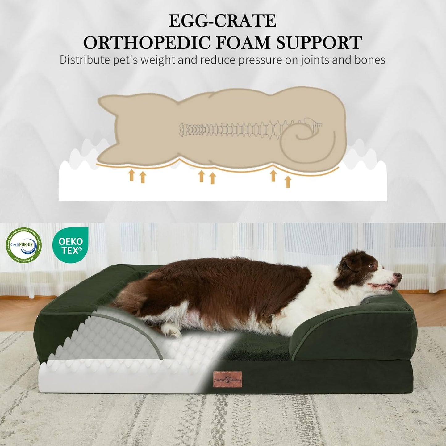 Comfort Expression Orthopedic Dog Bed for Extra Large Dogs 42x30 Inch, Waterproof Egg Crate Foam XL Pet Bed with Removable Bolsters, Dog Couch with Washable Cover & Non-Slip Bottom, Grey - Colors A