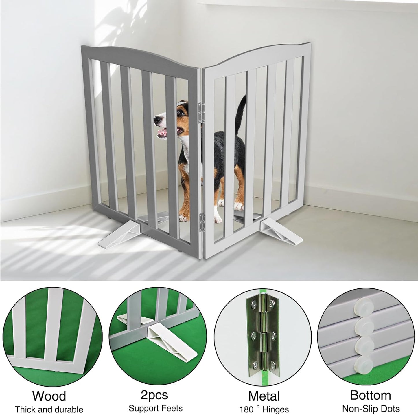 Freestanding Dog Gate Indoor,Doggie Gate Foldable Dog Gates for Doorways,Stairs or Hallways, Wooden White Pet Gate for the House, Pet Fence with Support Feet Included,24 "Height-4 Panels