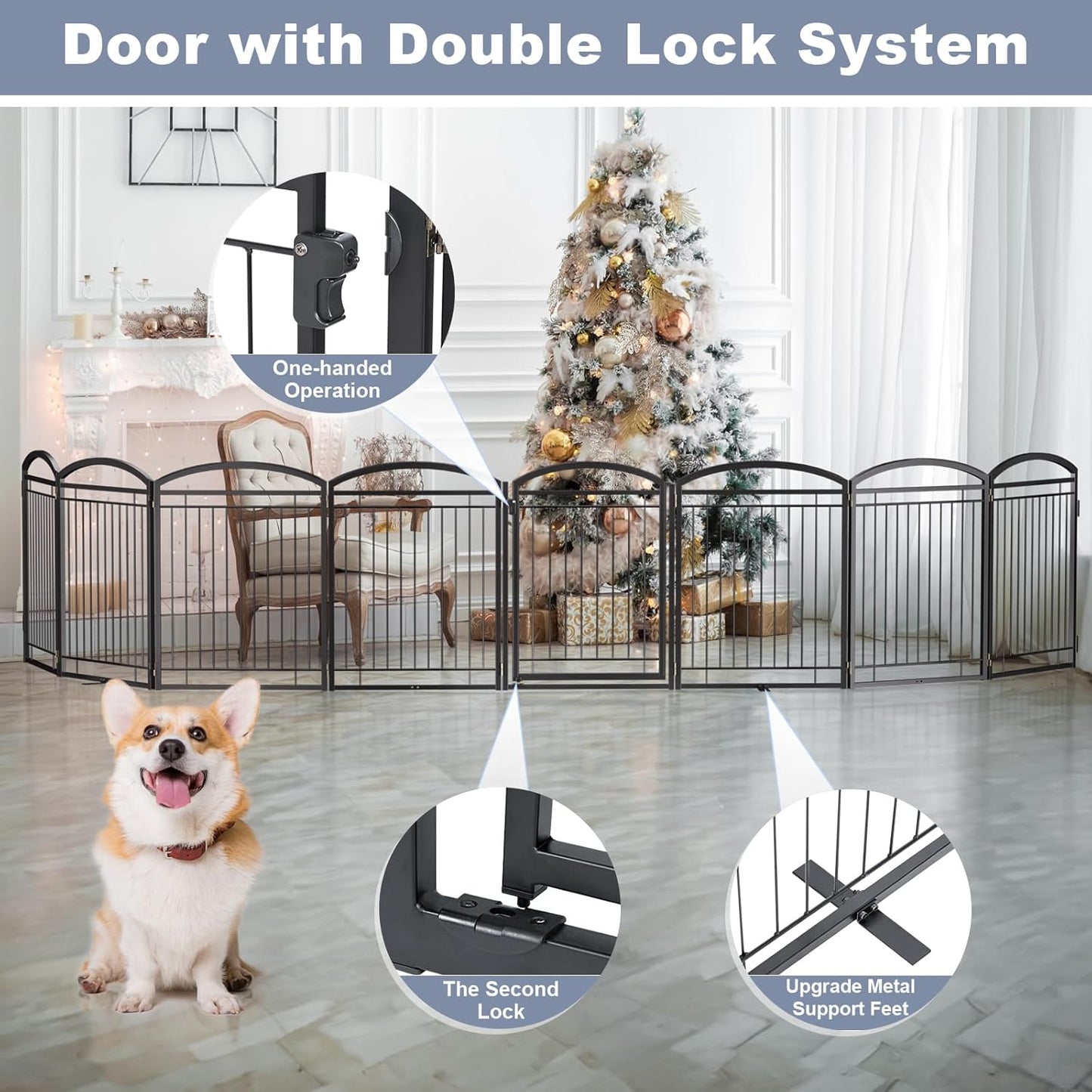 Full Metal Free Standing Dog Gate with Door for Indoor & Outdoor,96'' Extra Wide 32'' Tall Dog Gate for The Doorways,Large Openings,Decks,Porch,Pet Freestanding Safety Fence(4 Panels,Black)