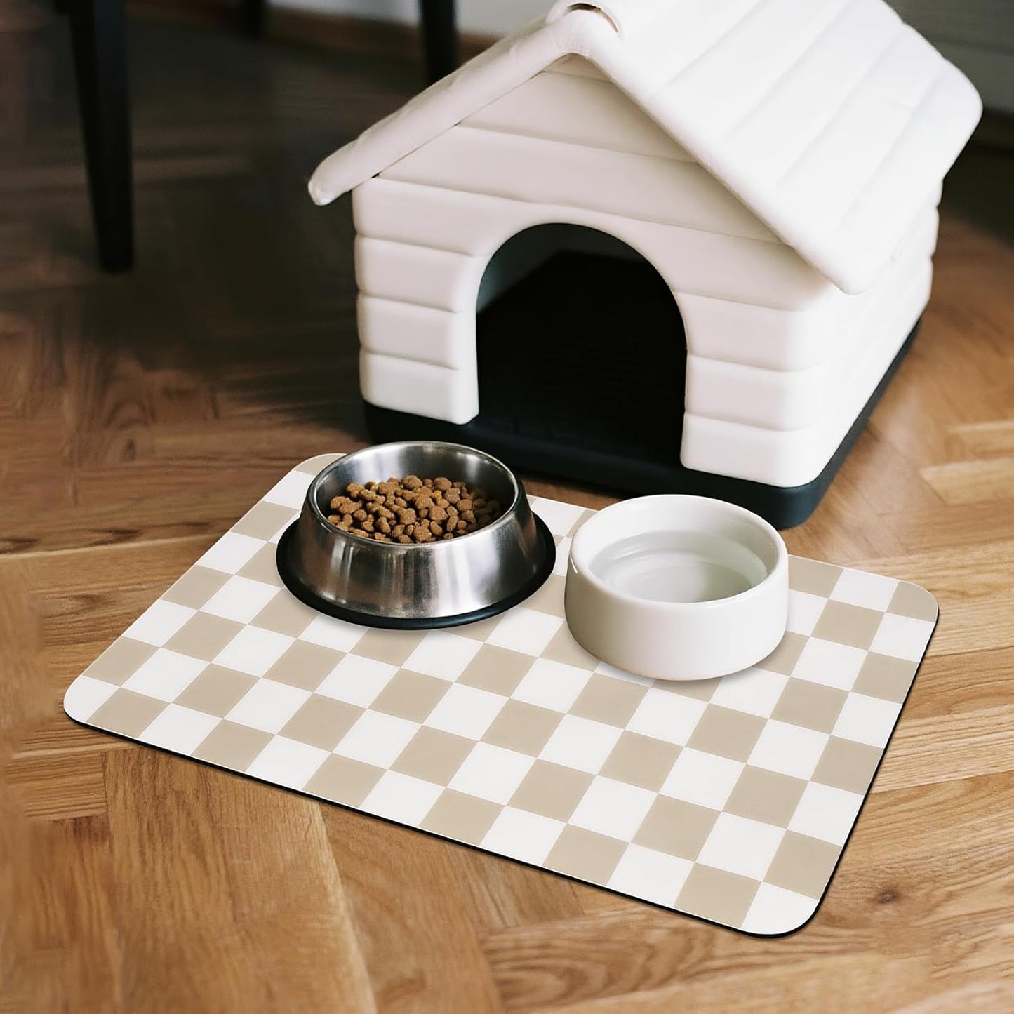 CooRug Checkered Dog Food Mat, Absorbent Leak-Proof Pet Feeding Mat, Quick Dry Cat Food Mat for Messy Drinkers 12" x 20" Khaki