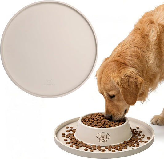 Arespark Dog Food Mat, Nonslip Waterproof Dog Silicone Feeding Bowl Mat with Raised Edges for Floors Prevent Spills, Round Eating Plate Puppy Supplies 10inch (Off White, 1 Pack)