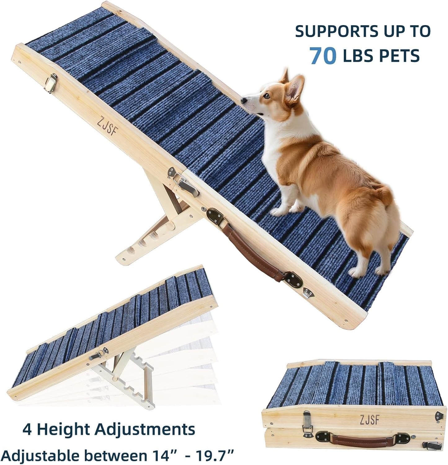 ZJSF Foldable Wooden Dog Ramp for High Bed, Dog Stairs for Small Dogs, High Traction Platform with 4 Adjustable Heights (14"-19.7"), 33", Supports up to 70 lbs