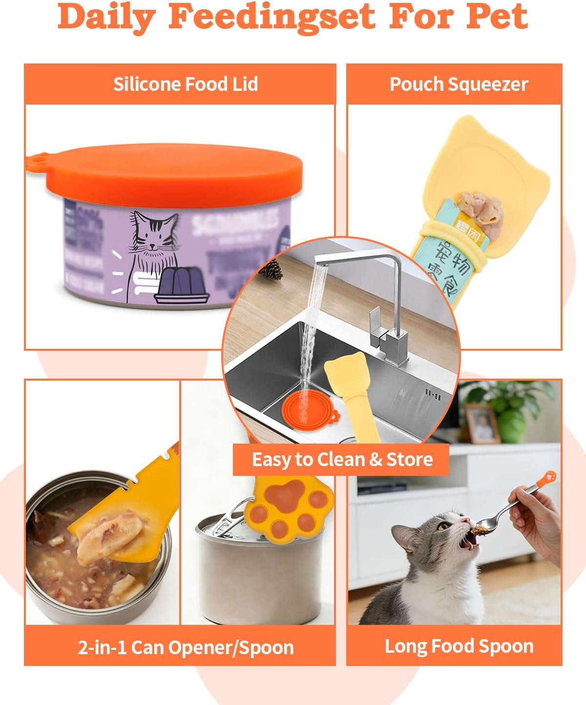 6 PCS Cat Food Can Covers Set, Reusable Silicone Can Lids with Opener, Stainless Steel Wet Food Spoon & Cat Treat Squeezer for Pet Feeding and Storage, Fits Cats & Dogs