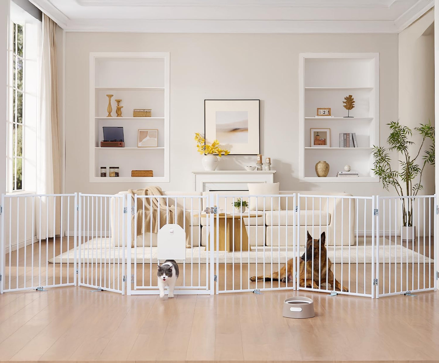 No Pawblems Dog Gate with Cat Door, Free Standing 30'' Tall Foldable Dog Fence for Indoor & Outdoor, Up to 156 Inch Extra Wide Puppy Gate for Stairs, Hallways, Doorways, Deck, Yard (Black, 6 Panels)