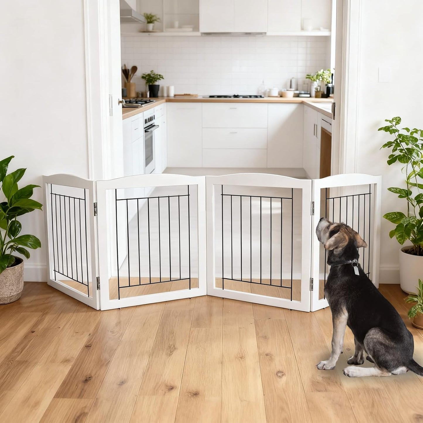 ZJSF Freestanding Foldable Dog Gate for House Extra Wide Wooden White Indoor Puppy Gate Stairs Doorways Pet Gate Tall Dog Fence 3 Panels Fence