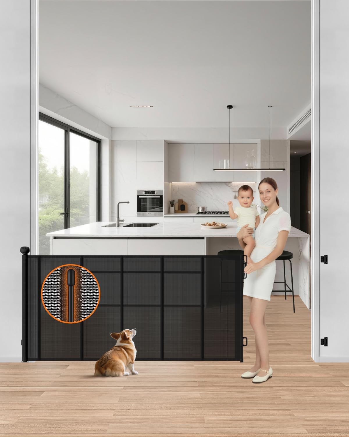 Retractable Baby Gate, 55" Wide Mesh Gate with 4 Reinforced Rods, Prevents Kids & Dogs from Crawling Under, 34" Tall Easy-to-Use Pet Gate for Stairs, Bedrooms, Hallways, Indoor/Outdoor, White