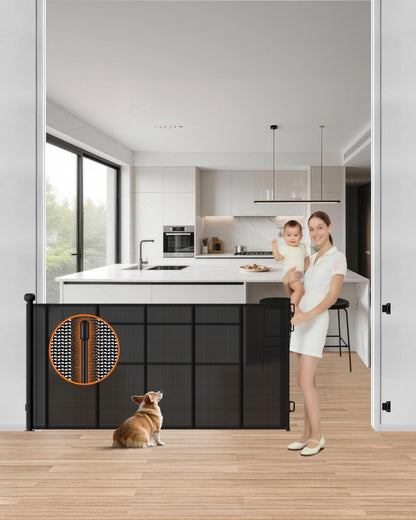 Retractable Baby Gate, 55" Wide Mesh Gate with 4 Reinforced Rods, Prevents Kids & Dogs from Crawling Under, 34" Tall Easy-to-Use Pet Gate for Stairs, Bedrooms, Hallways, Indoor/Outdoor, White