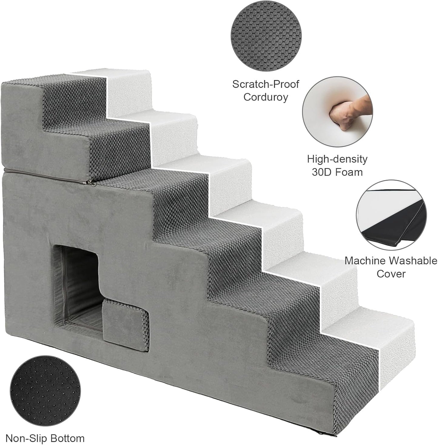 Dog Stairs for Small Dogs, 6-Step Dog Steps for High Bed, High-Density Foam Pet Stairs with Non-Slip Removable Washable Cover to Get on Bed