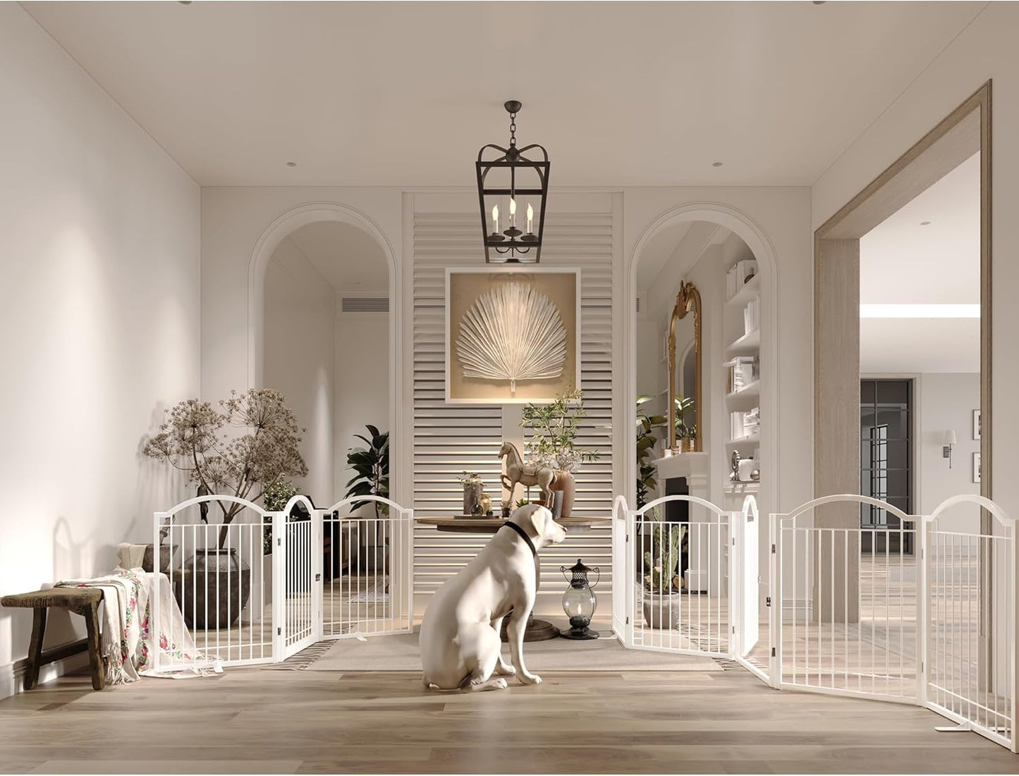 BHG Metal No-Assembly Freestanding Dog Gate with Door Walk Through, Extra Wide 144", Extra Tall 32" Pet Gate, Accordion Puppy Folding Playpen Dog Fence, with 2PCS Support (Black, 6 panesl)