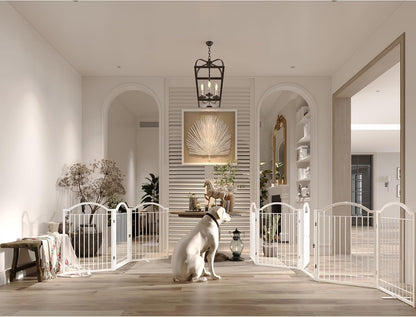 BHG Metal No-Assembly Freestanding Dog Gate with Door Walk Through, Extra Wide 144", Extra Tall 32" Pet Gate, Accordion Puppy Folding Playpen Dog Fence, with 2PCS Support (Black, 6 panesl)