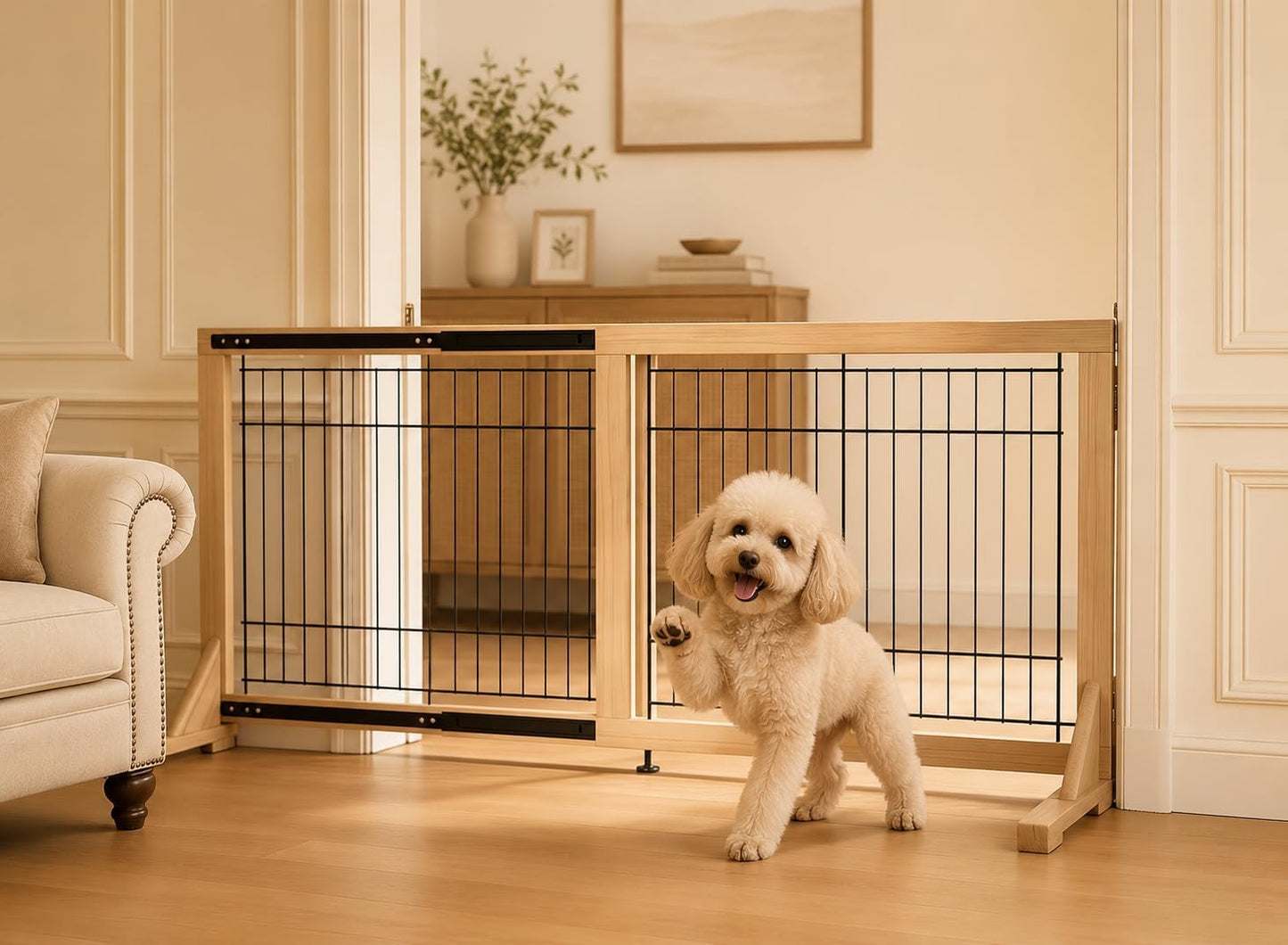Extra Wide Freestanding Dog Gate, Adjustable Width 31.5"–61", 19.7" Tall Indoor Pet Gate for Kitchen, Living Room & Stairs, Wooden Metal Frame No-Drill Pet Barrier