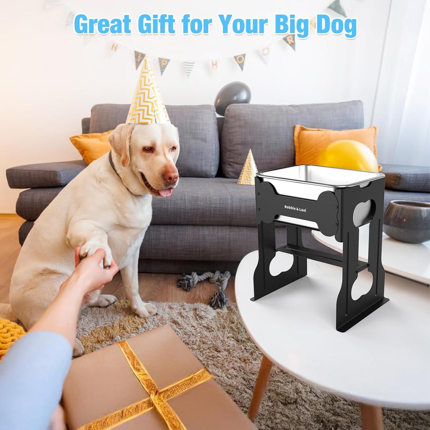 2.4 Gallon Elevated Large Dog Water Bowl,14" Raised Stainless Steel Bowl with Stand for Large Breed, Full Metal Dog Feeding Station for Relief Joint Pressure, Easy Clean for Indoor & Outdoor Uses
