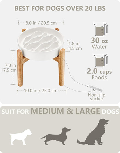 Ceramic Slow Feeder Dog Bowls for Medium and Large Dogs, 2.0 Cups Dog Slow Feeder for Fast Eater, 30oz, 8in, White