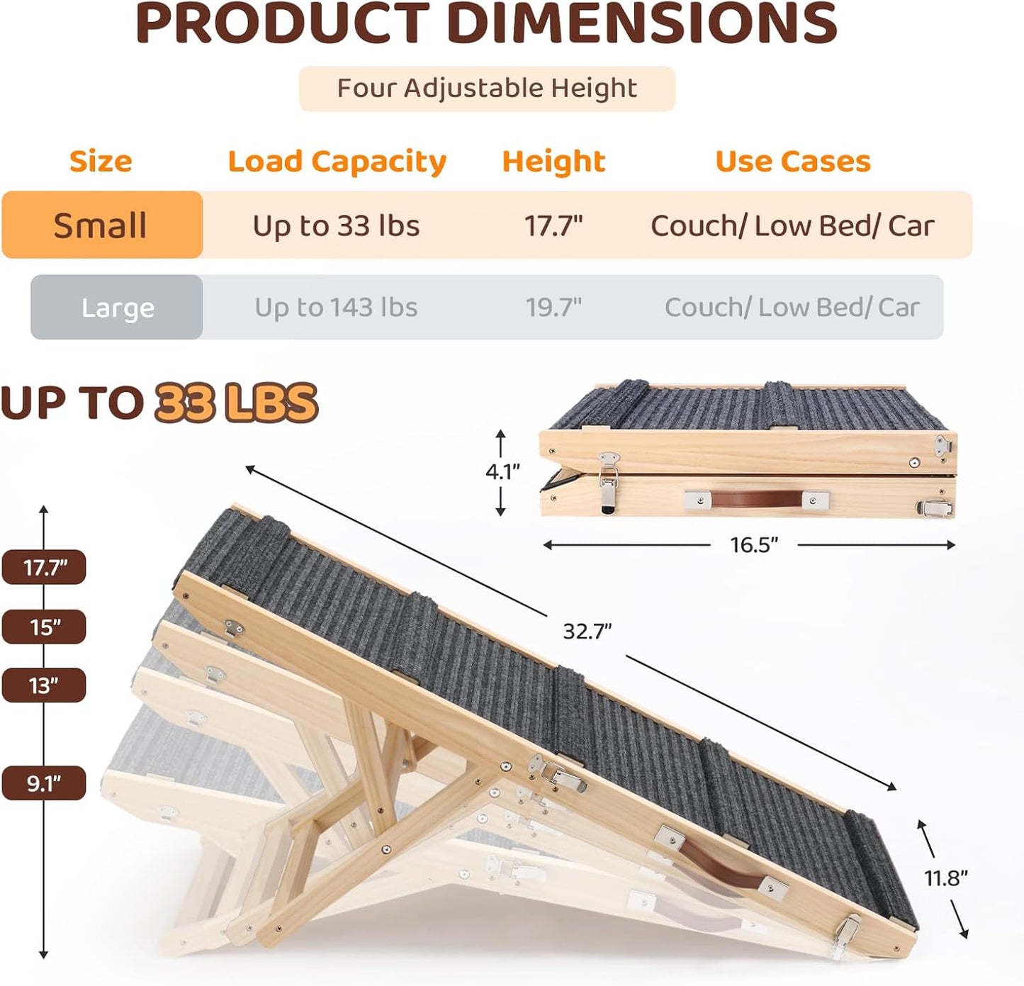 VINGLI Dog Ramp for Bed, 33" Foldable Dog Steps for Couch Height Adjustable, Portable Pet Ramp for Car with Non-Slip Mat (33 inch)