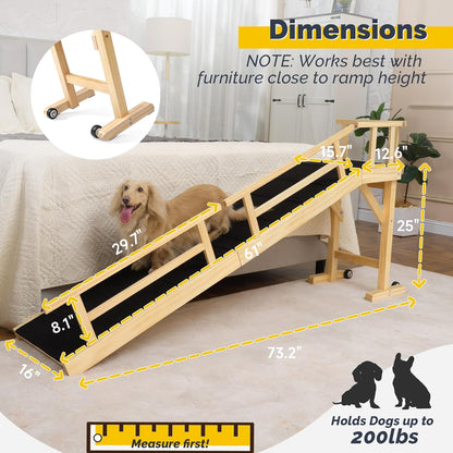 Dog Ramp for Bed or Couch, Wooden Pet Ramp with 20° Gentle Slope, Removable Side Rails, Non-Slip Surface, Top Platform & Wheels, Safe Bed Ramp for Small, Large & Senior Dogs, 60" Long, Mahogany