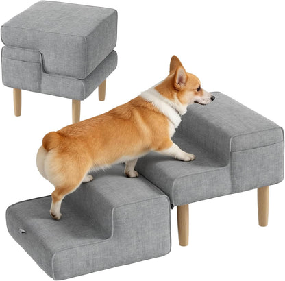 PakaLife Foldable 2-in-1 Dog Ramp Ottoman, Solid Wood Dog Steps for Bed & Couch, Washable Cover, 135lb Capacity, for Small, Senior Dogs & Old Cats to Get on Bed